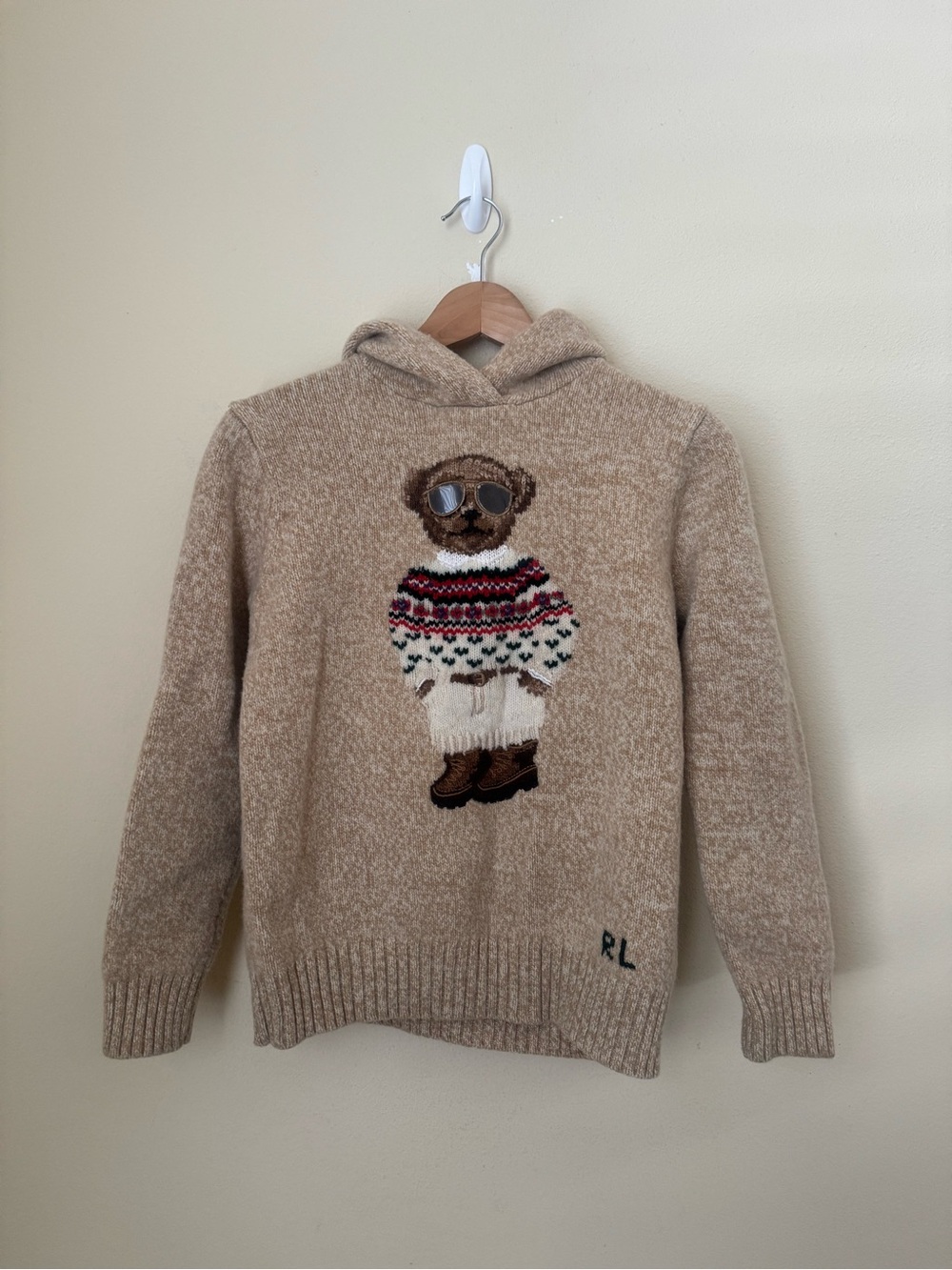 Polo Ralph Lauren Fair Isle Bear Sweater Hoodie Knit Wool Cashmere Tan Small